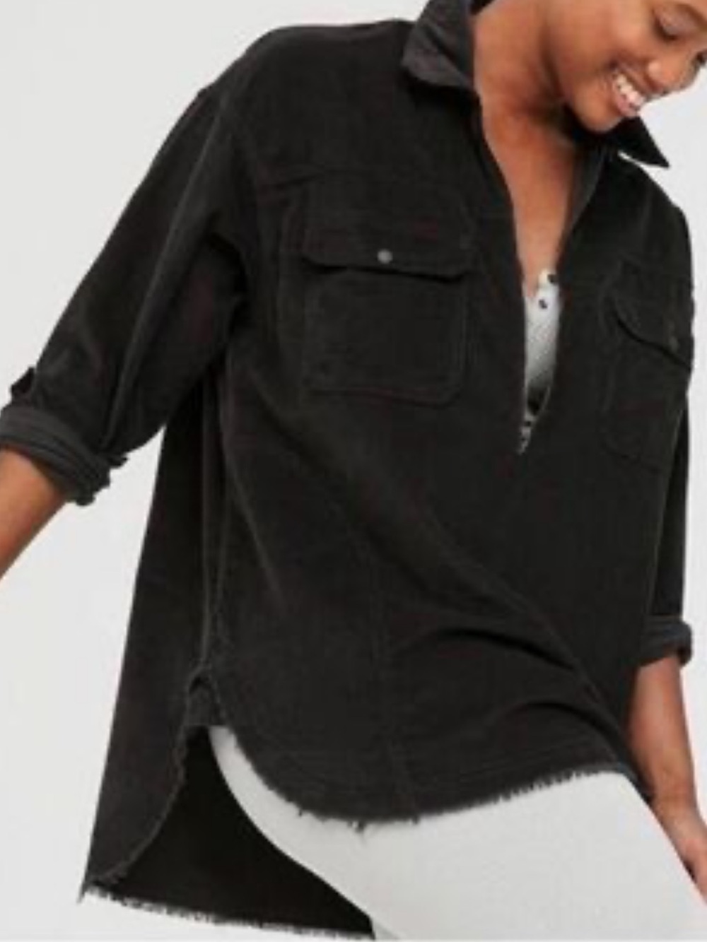 Aerie Offline Washed Black Corduroy Oversized Half Zip Shirt Jacket XL Relaxed